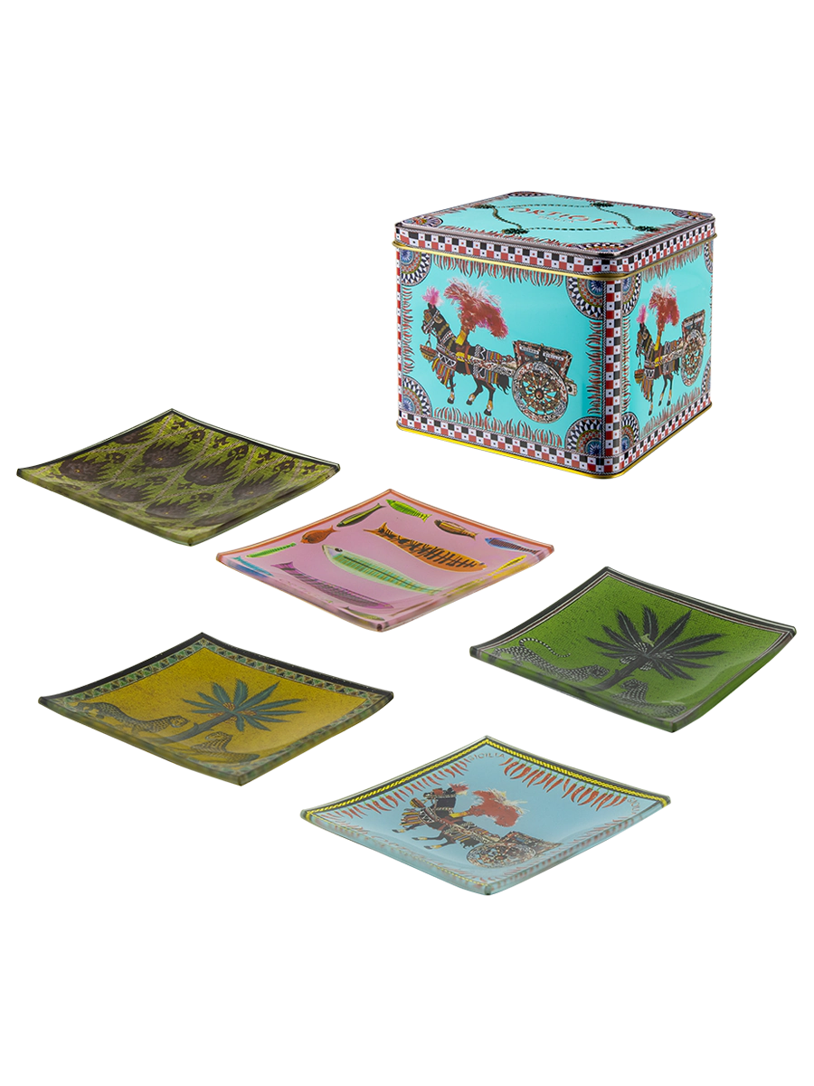 ORTIGIA-Scatola di Latta 5 Piattini Vetro Carretto